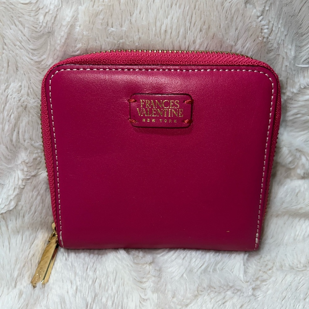 Frances Valentine small zippered wallet. Pink, red inside. L-4 1/2 in H-4